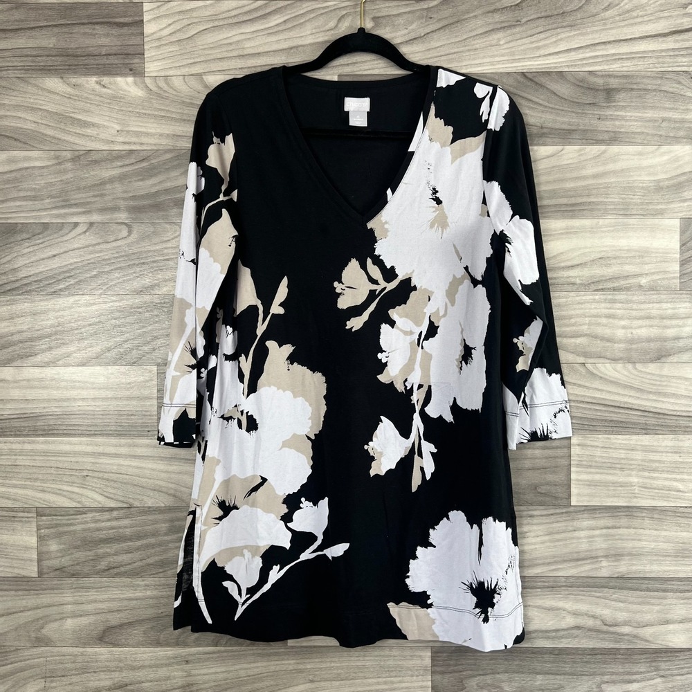 Chico's Tunic Top Womens 0/ S Black White Floral V Neck Pullover Blouse Career
